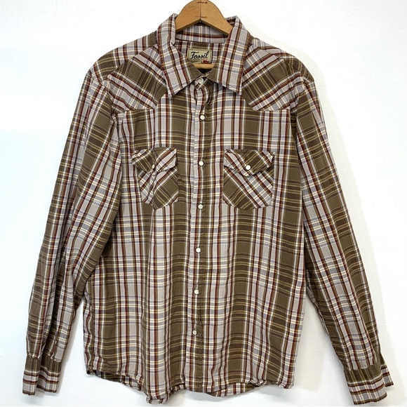 Fossil Pearl Snap Brown Plaid  Shirt Men Large 100% Cotton Long Sleeve  Western - Picture 1 of 9